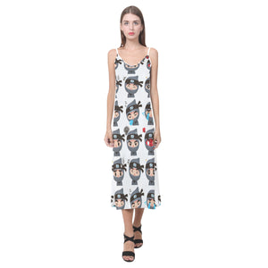 Cute ninja design pattern V-Neck Open Fork Long Dress