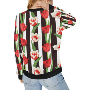 red and white tulips pattern Women's Crew Neck Sweatshirt