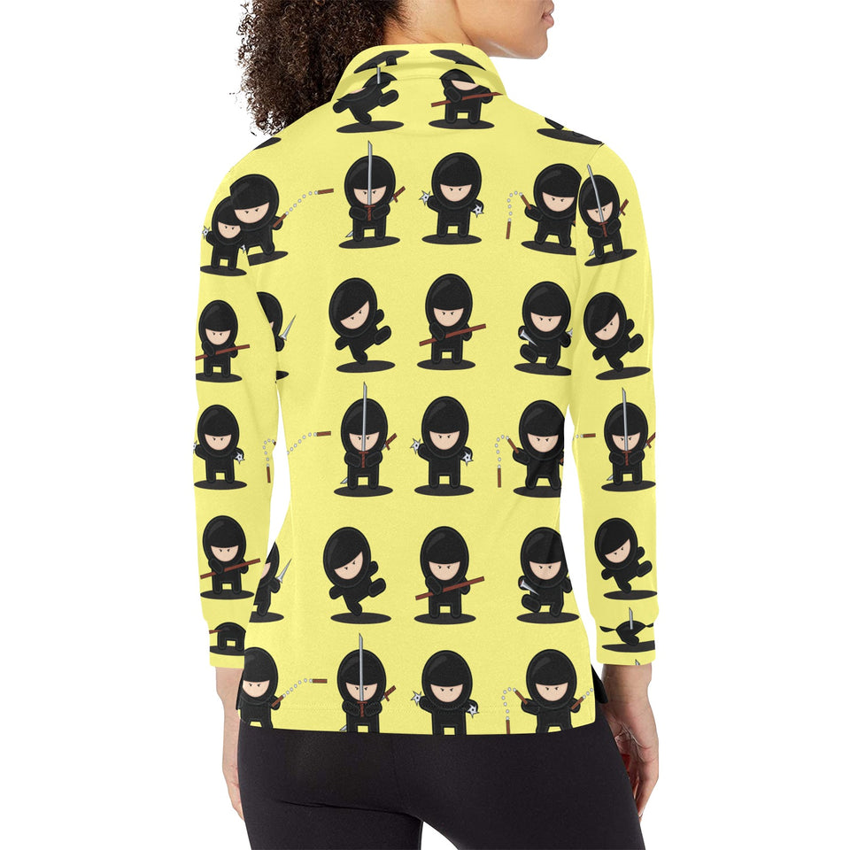 Cute ninja yellow background Women's Long Sleeve Polo Shirt