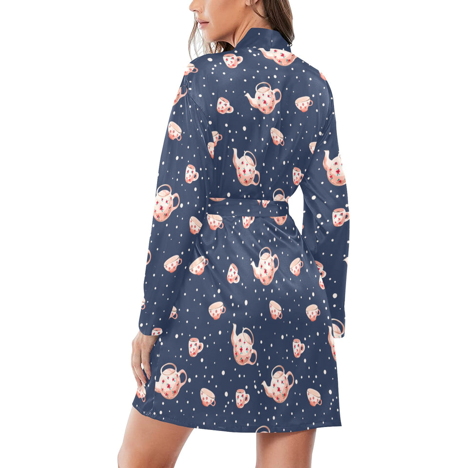 Tea pots Pattern Print Design 04 Women's Long Sleeve Belted Night Robe