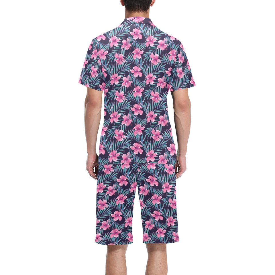 Hibiscus Pattern Print Design 05 Men's V-Neck Short Pajama Set