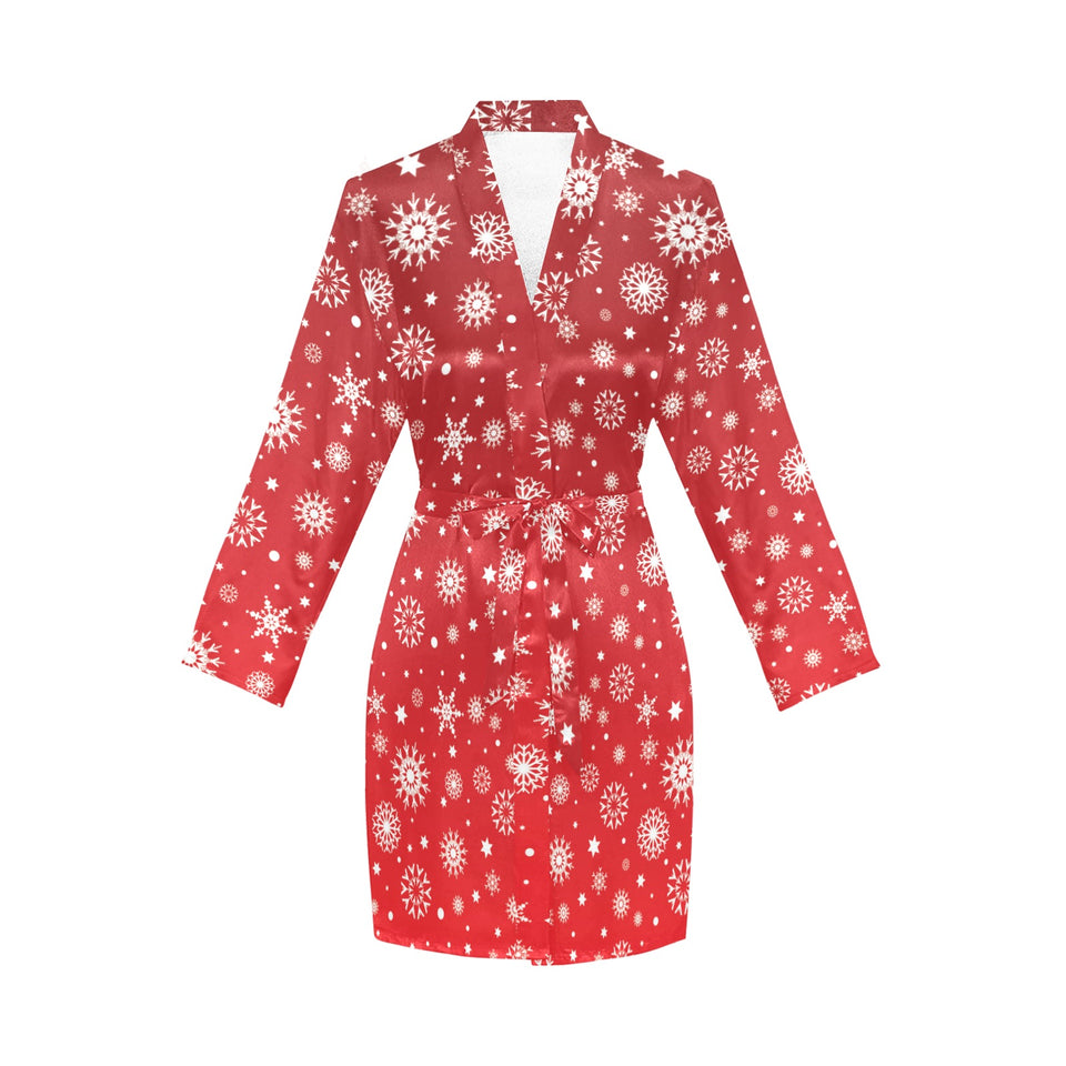 Snowflake pattern red background Women's Long Sleeve Belted Night Robe