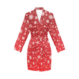 Snowflake pattern red background Women's Long Sleeve Belted Night Robe