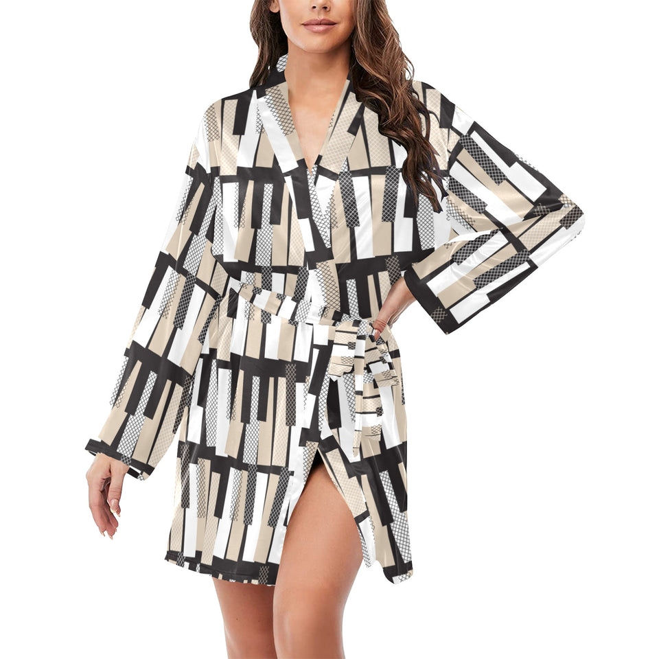 Piano Pattern Print Design 04 Women's Long Sleeve Belted Night Robe