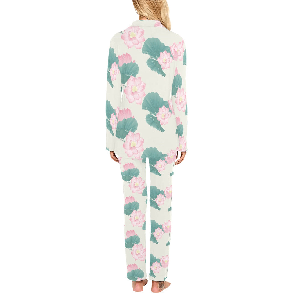 Pink lotus waterlily leaves pattern Women's Long Pajama Set