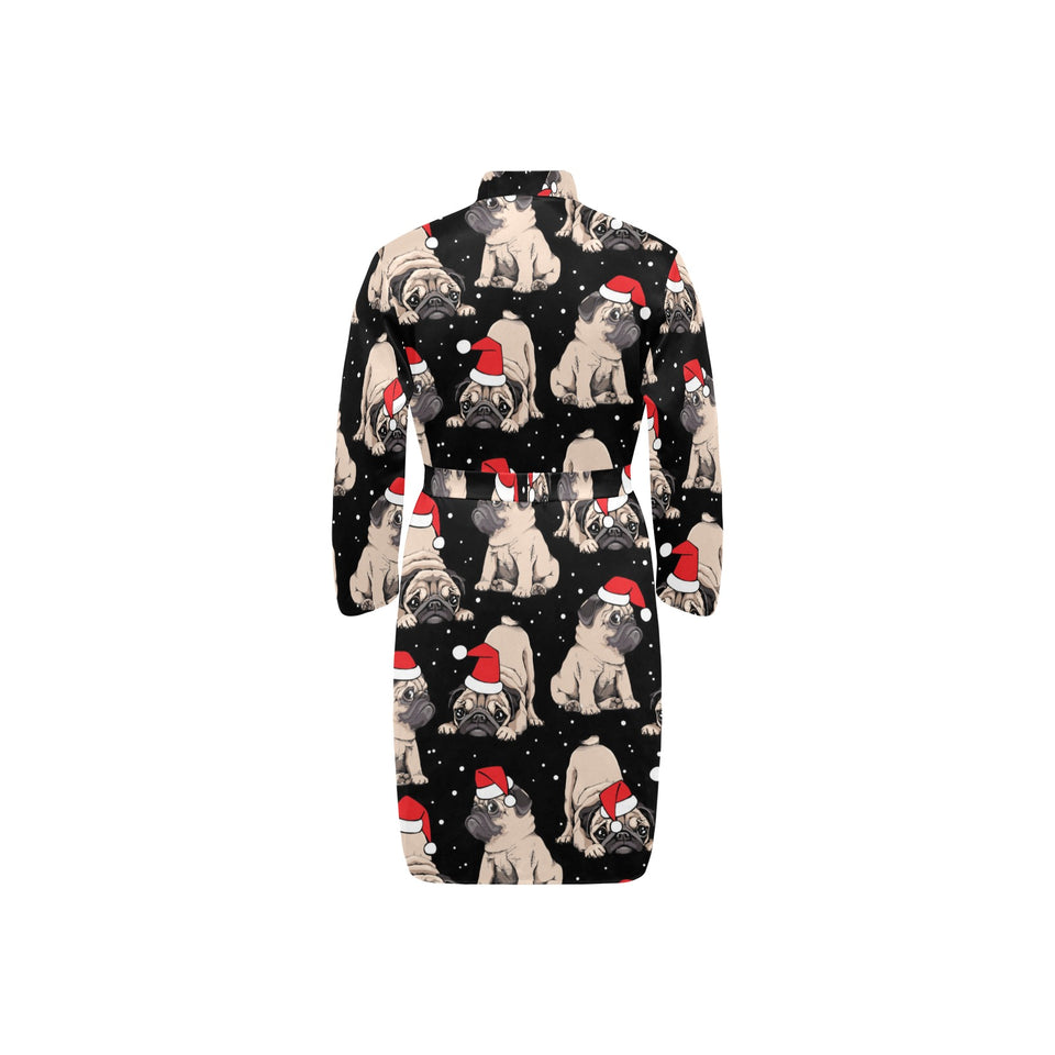 Christmas Pugs Santa_s red cap pattern Men's Long Sleeve Belted Night Robe