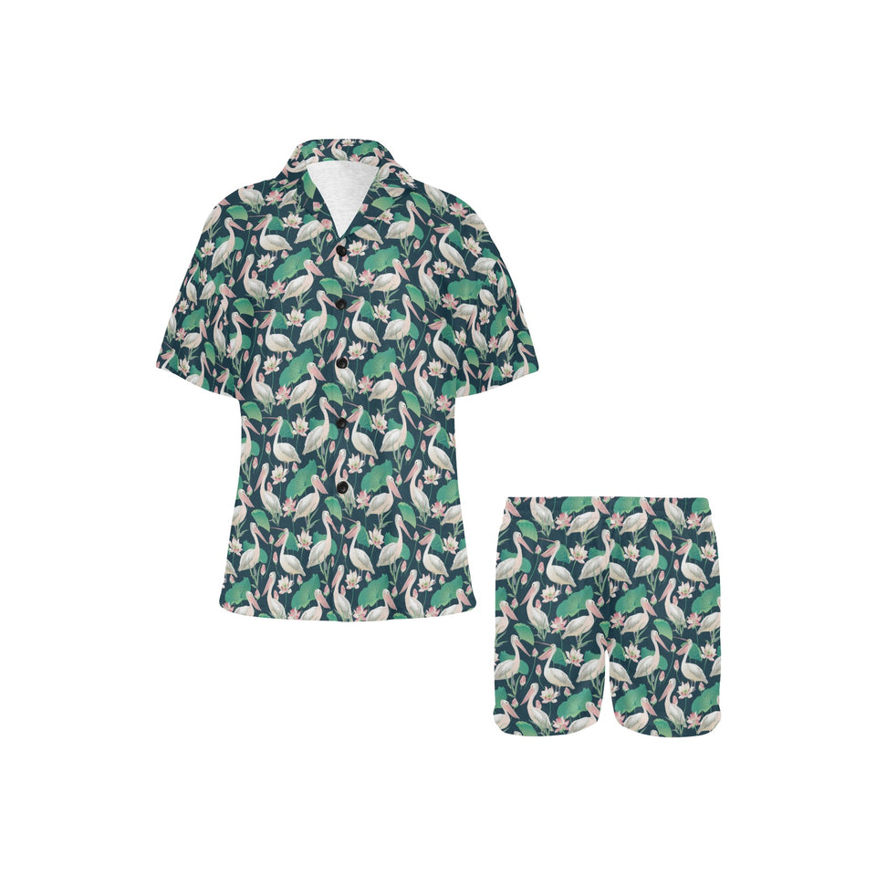 Pelican Pattern Print Design 03 Women's V-Neck Short Pajama Set