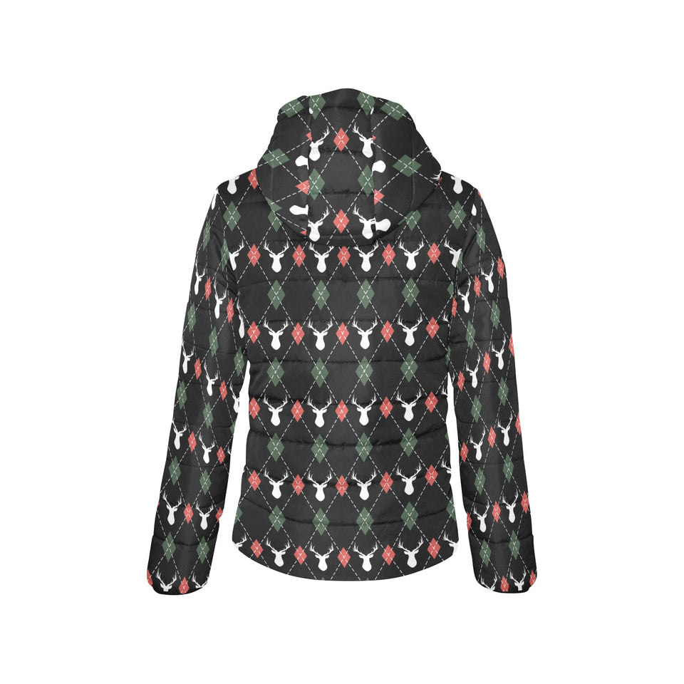 Deer Christmas new year pattern argyle Women's Padded Hooded Jacket