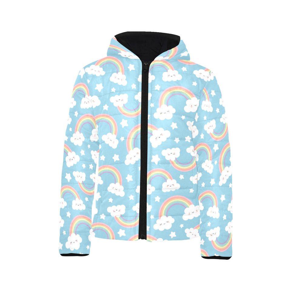Cute rainbow clound star pattern blue background Kids' Boys' Girls' Padded Hooded Jacket