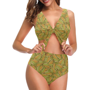 Corn Pattern Print Design 01 Chest Bowknot High Waisted Bikini Swimsuit