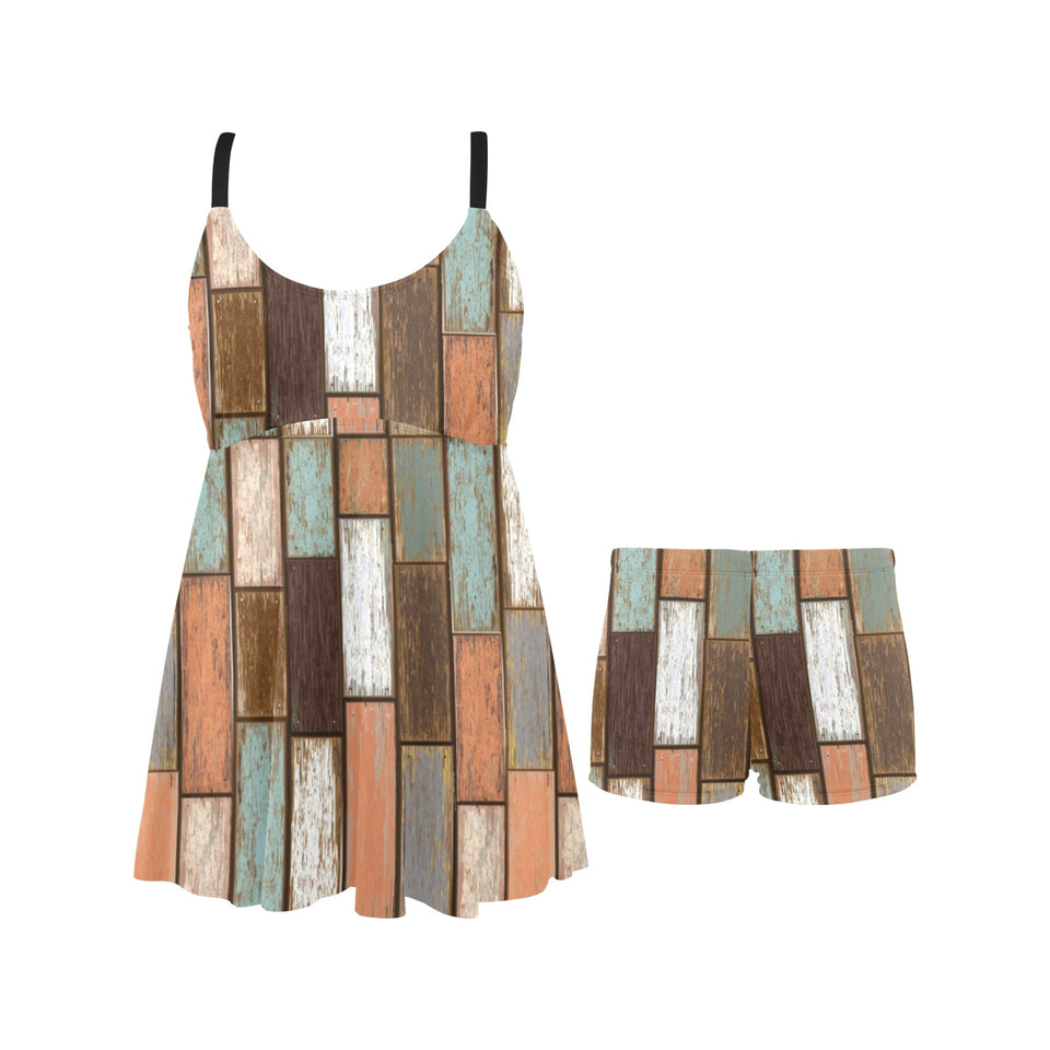 Wood Printed Pattern Print Design 02 Chest Sexy Pleated Two Piece Swim Dress
