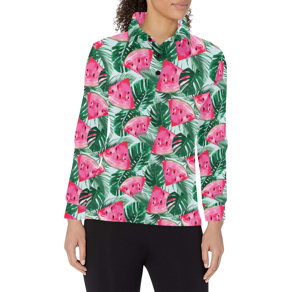 Watermelons tropical palm leaves pattern Women's Long Sleeve Polo Shirt