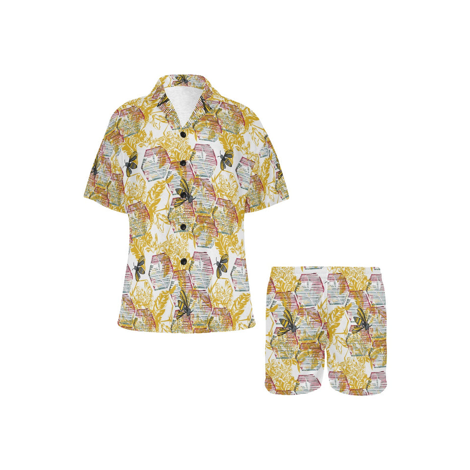 Cool Bee honeycomb leaves pattern Women's V-Neck Short Pajama Set