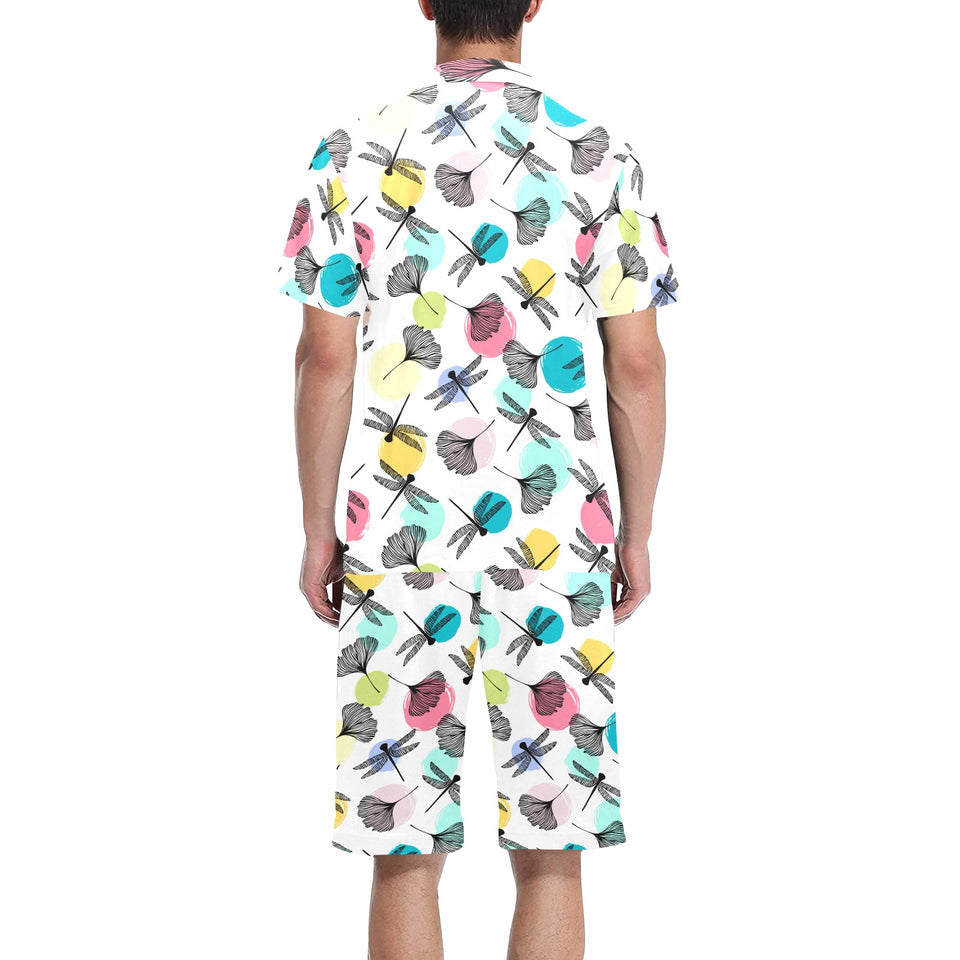 Dragonflies ginkgo leaves pattern Men's V-Neck Short Pajama Set