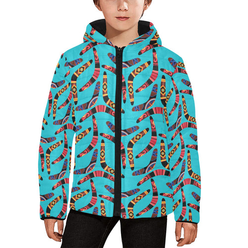 Boomerang Australian aboriginal ornament blue back Kids' Boys' Girls' Padded Hooded Jacket