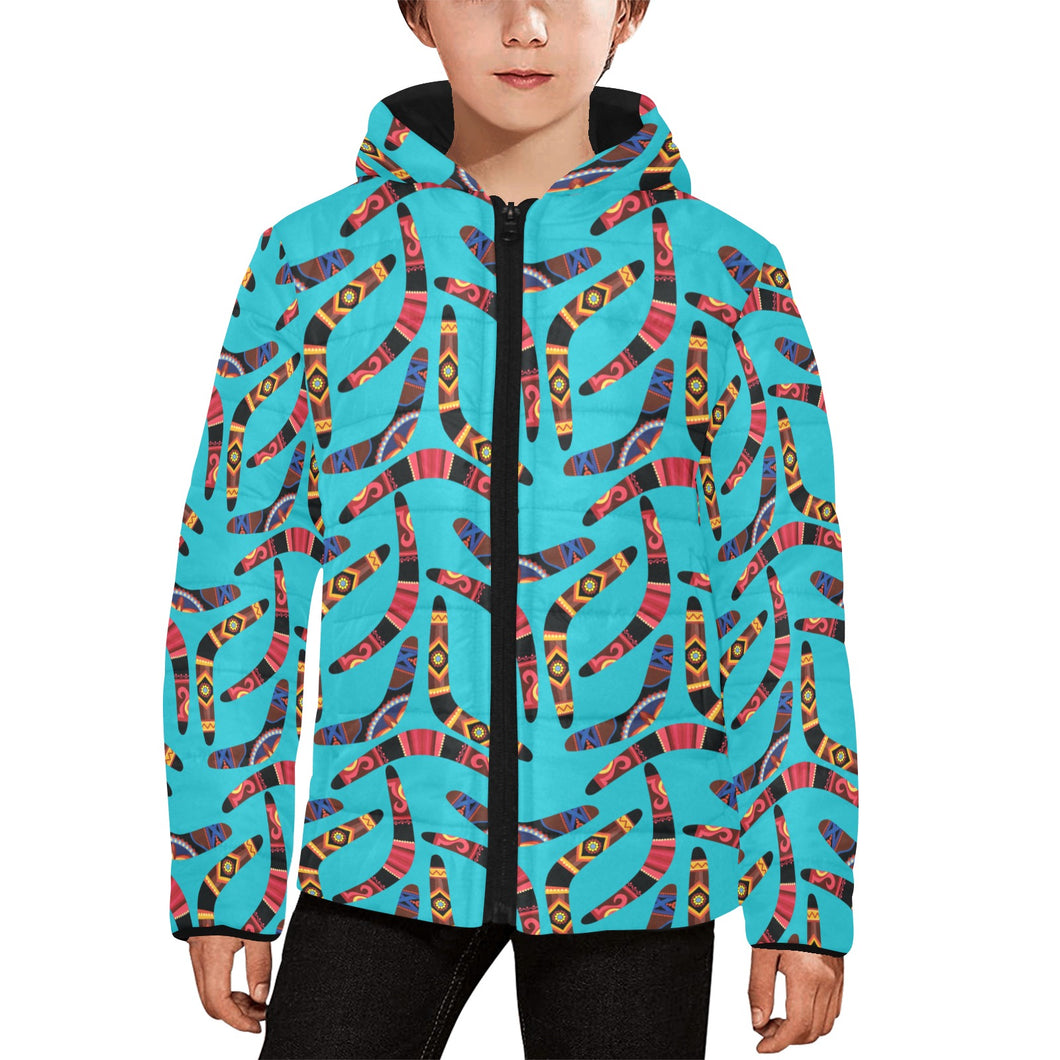Boomerang Australian aboriginal ornament blue back Kids' Boys' Girls' Padded Hooded Jacket