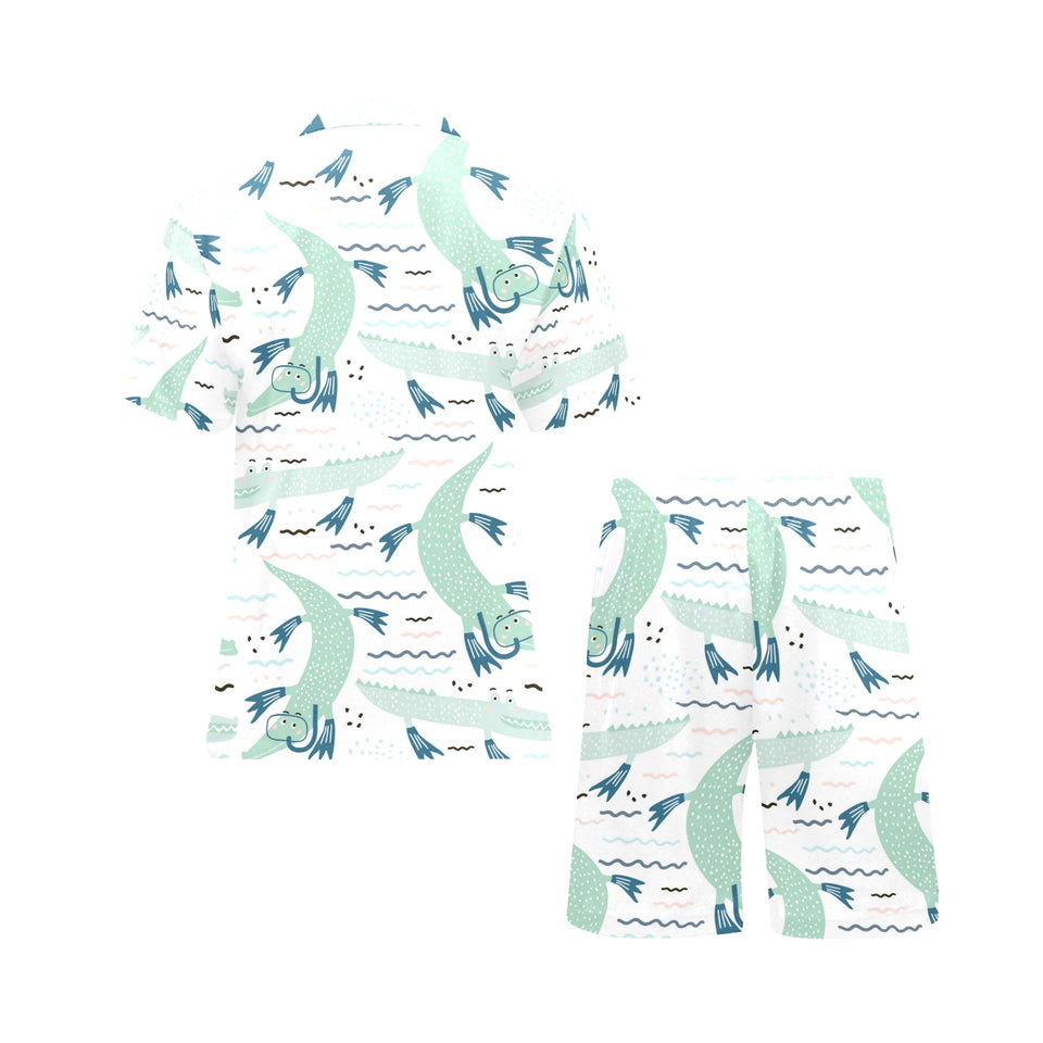 Crocodile diver pattern Men's V-Neck Short Pajama Set
