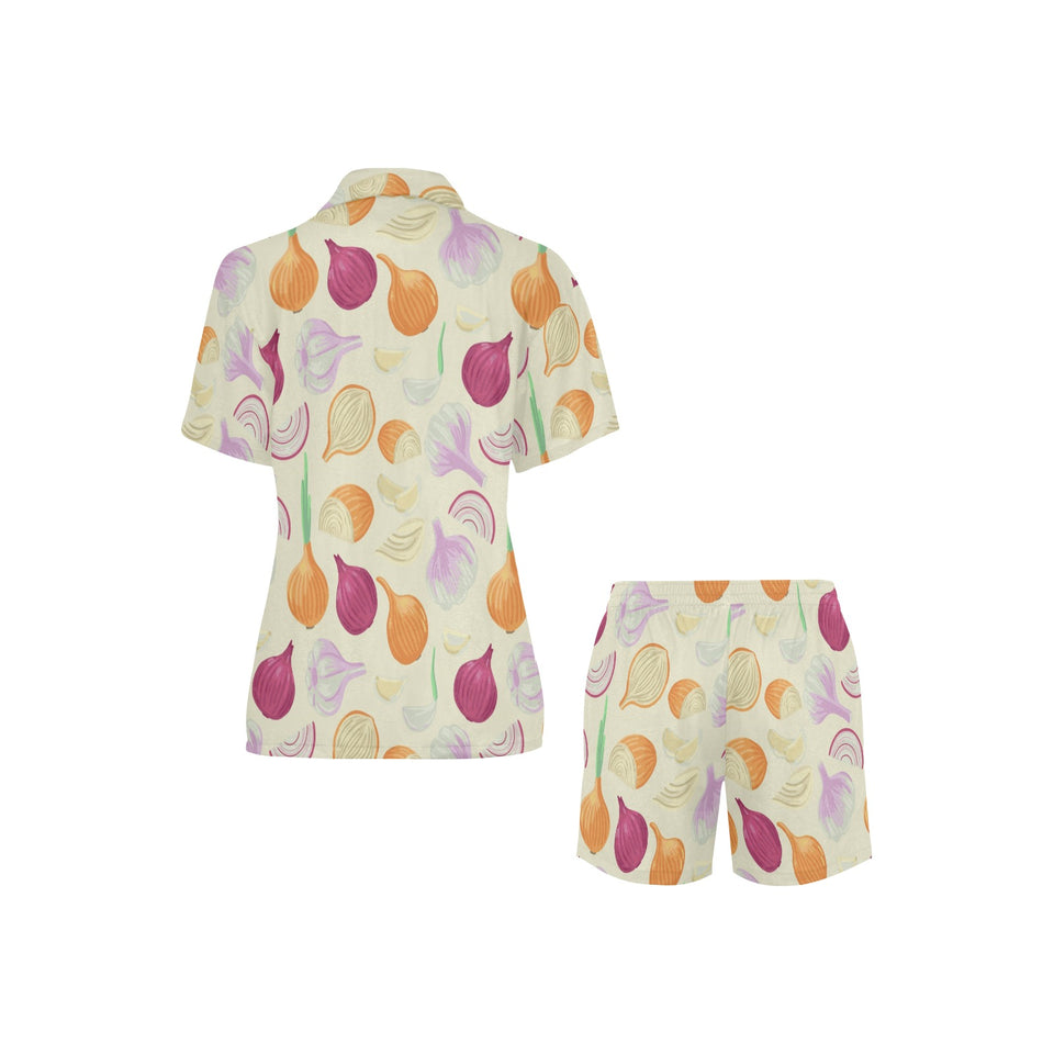 Onion garlic white red pattern Women's V-Neck Short Pajama Set