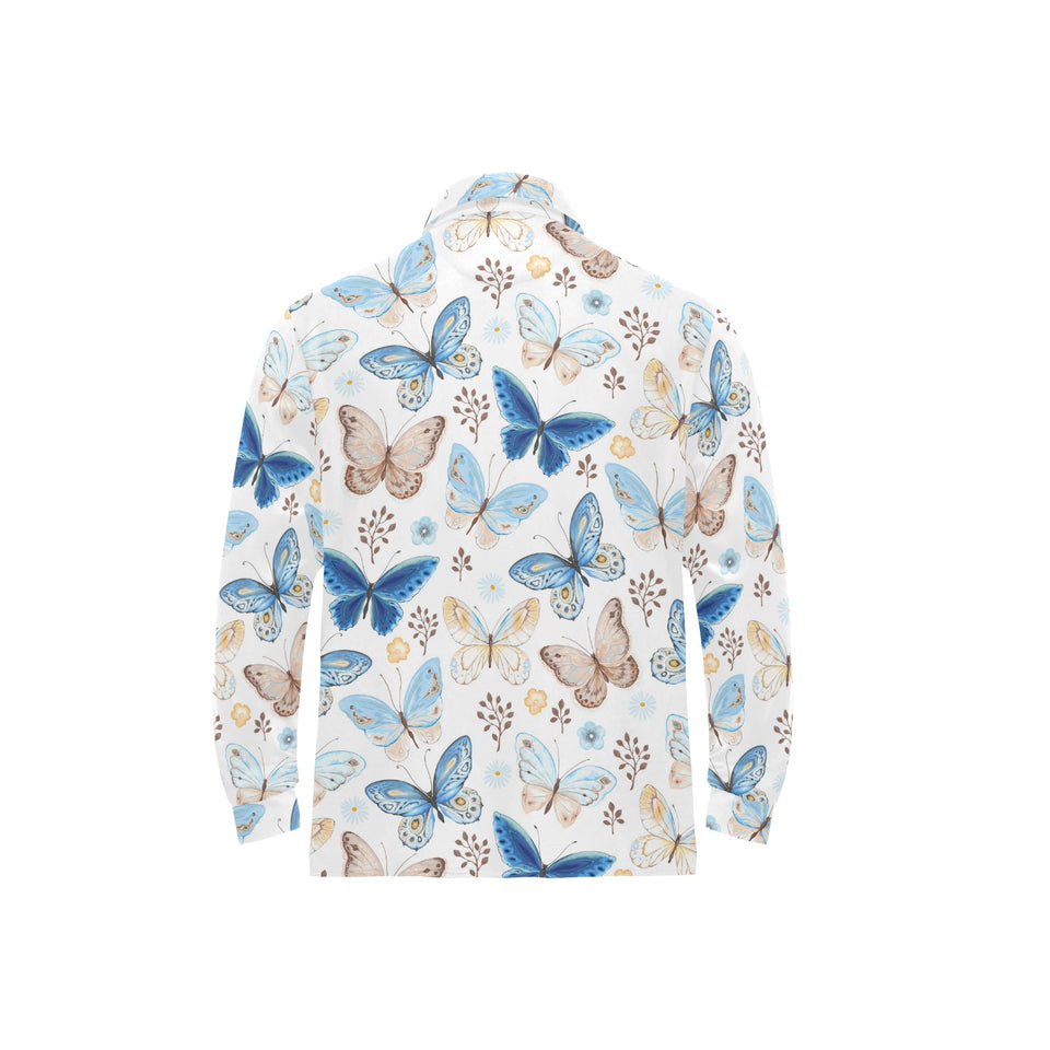 blue butterfly pattern Men's Long Sleeve Polo Shirt