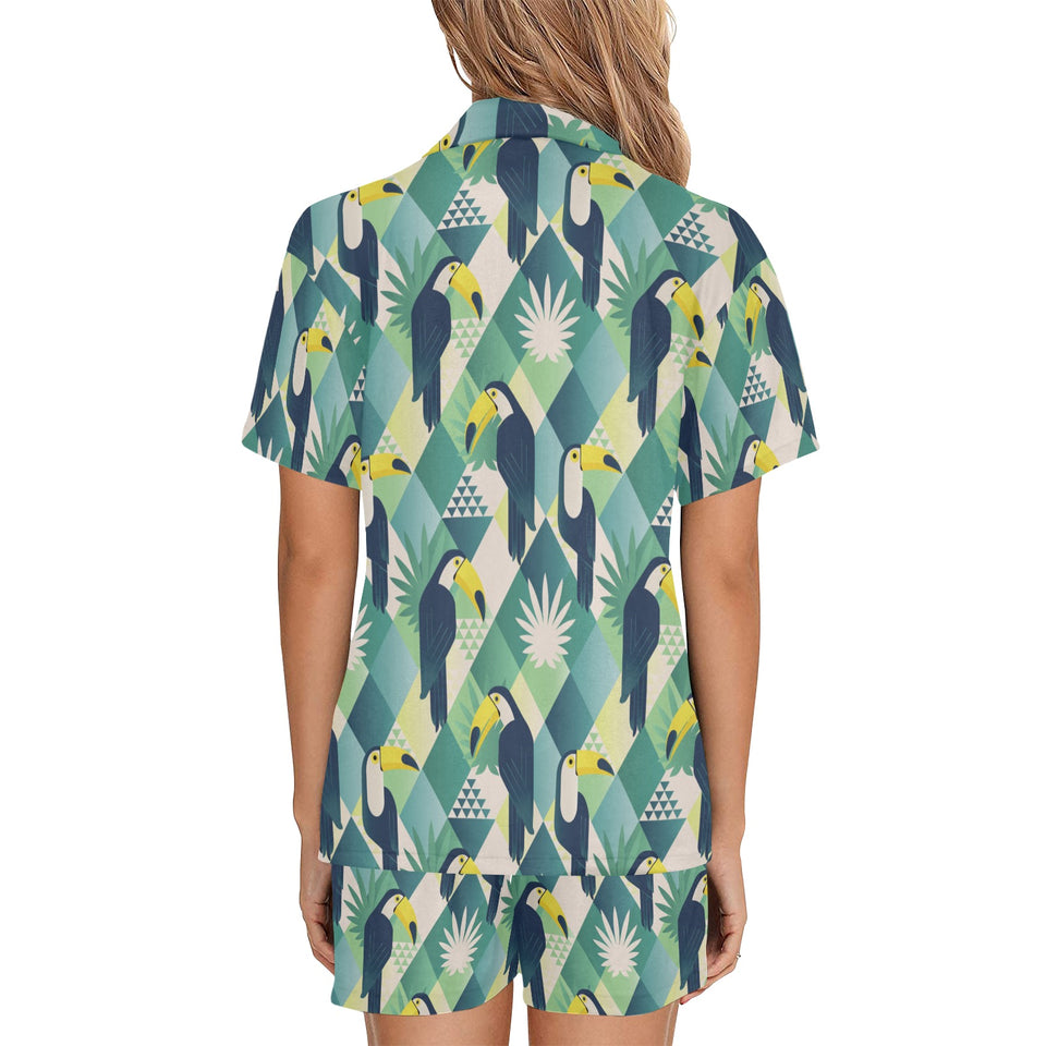 Toucan tropical leaves design pattern Women's V-Neck Short Pajama Set