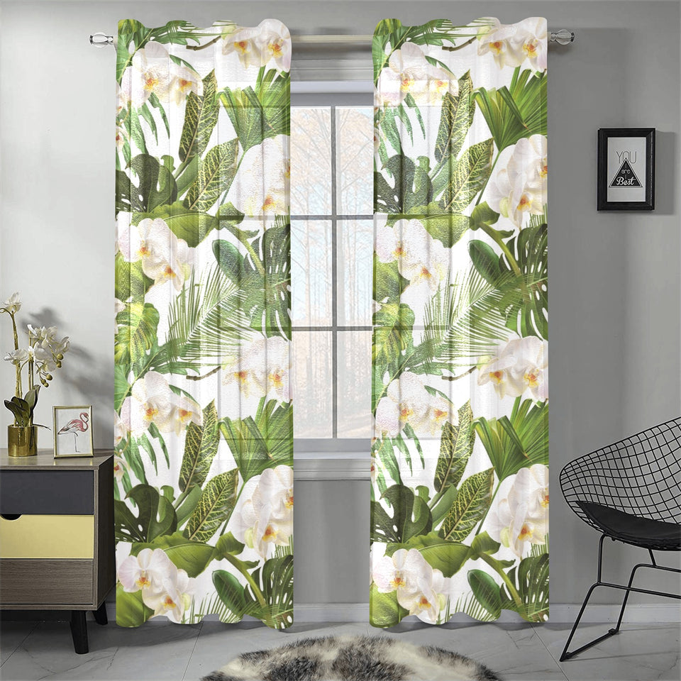 White orchid flower tropical leaves pattern Gauze Curtain