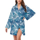 Shark hand drawn Women's Long Sleeve Belted Night Robe