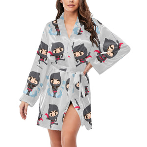 Cute ninja pattern Women's Long Sleeve Belted Night Robe