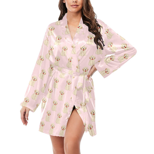 Golden Retriever Pattern Print Design 02 Women's Long Sleeve Belted Night Robe