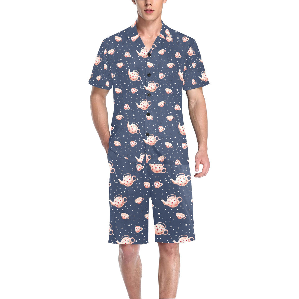 Tea pots Pattern Print Design 04 Men's V-Neck Short Pajama Set