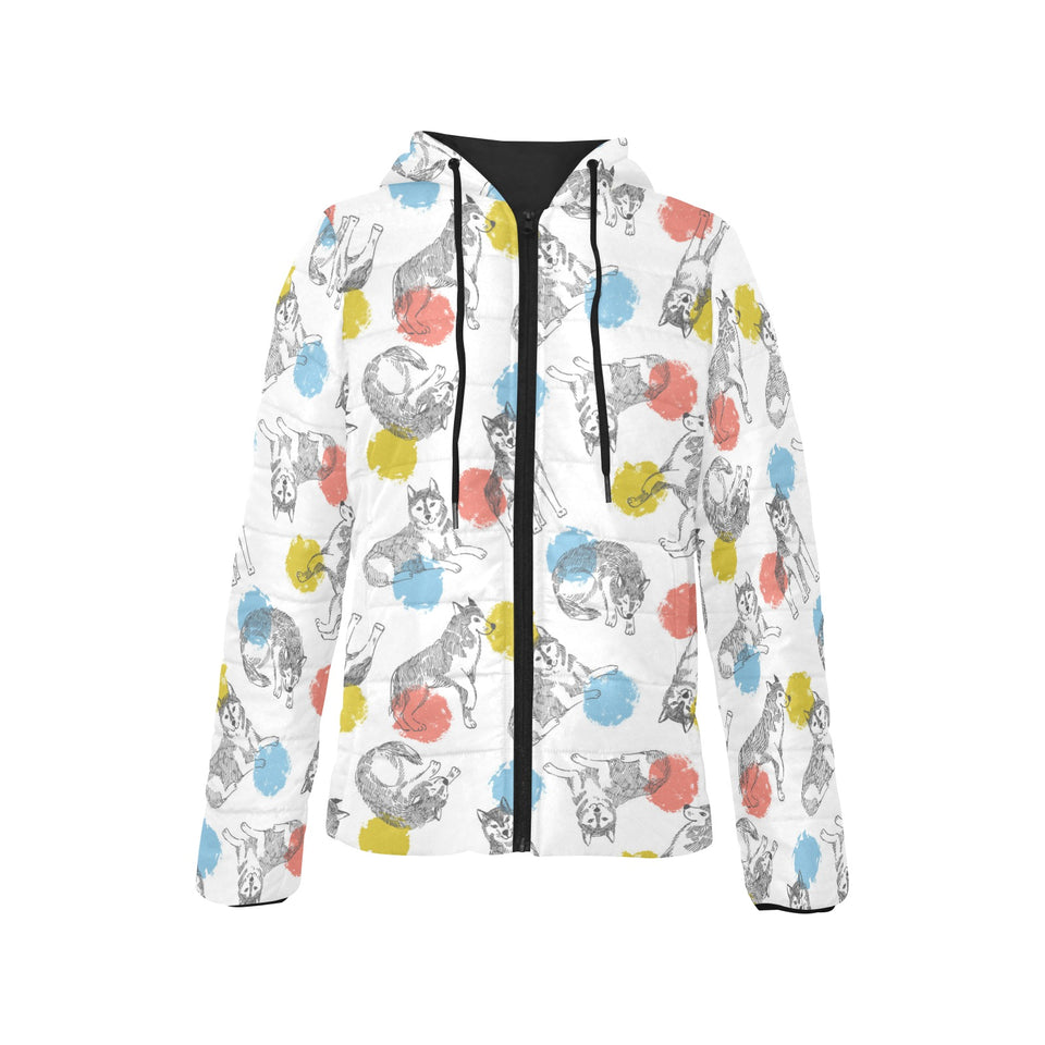 Siberian husky and colorful circle pattern Women's Padded Hooded Jacket