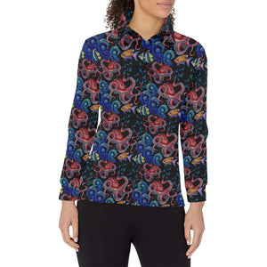 Octopus sea wave tropical fishe pattern Women's Long Sleeve Polo Shirt