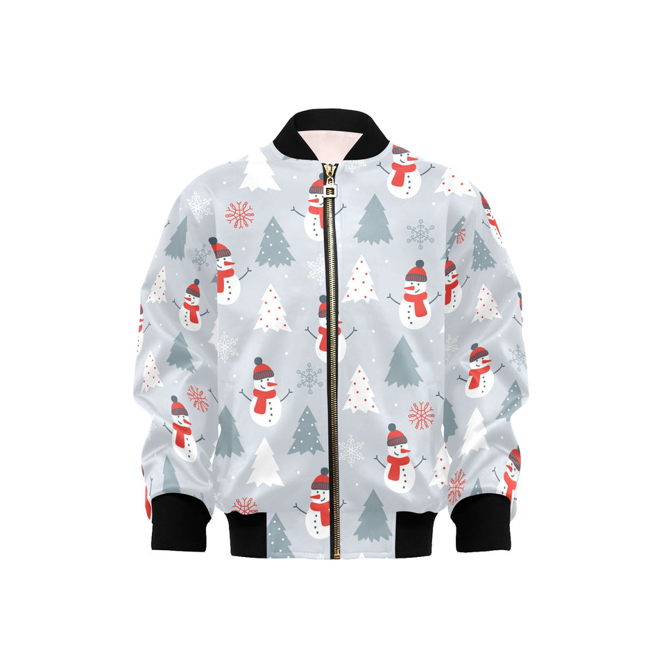 Snowman christmas tree snow gray background Kids' Boys' Girls' Bomber Jacket
