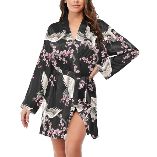 Japanese crane pink sakura pattern Women's Long Sleeve Belted Night Robe