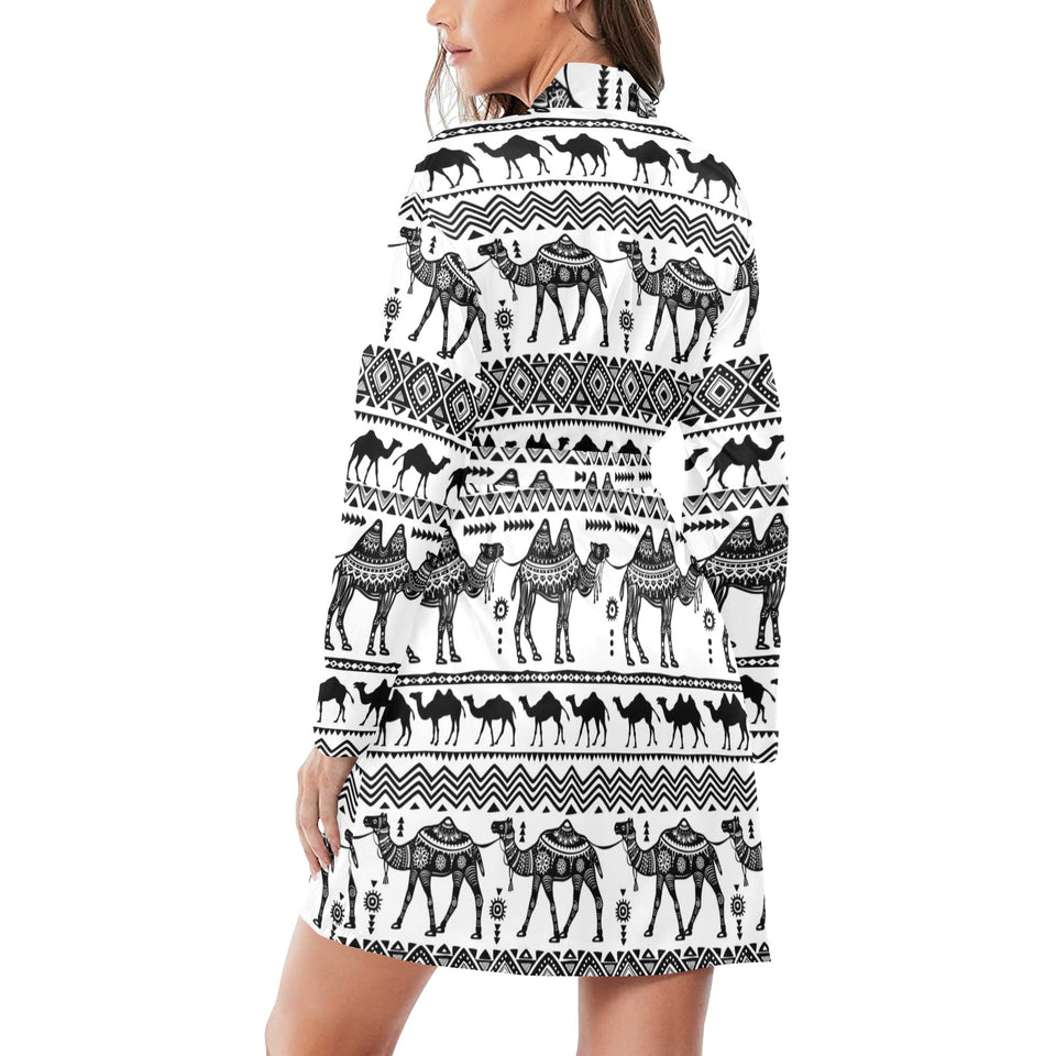 Camel polynesian tribal pattern Women's Long Sleeve Belted Night Robe