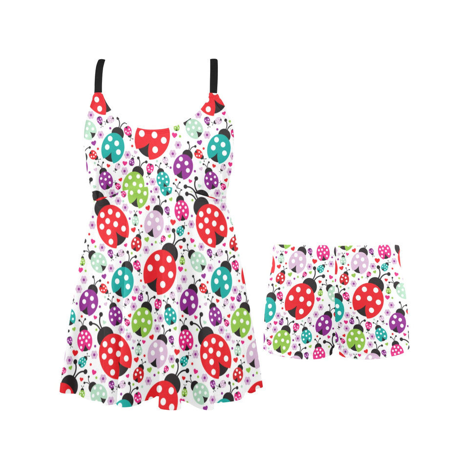 Ladybug Pattern Print Design 03 Chest Sexy Pleated Two Piece Swim Dress
