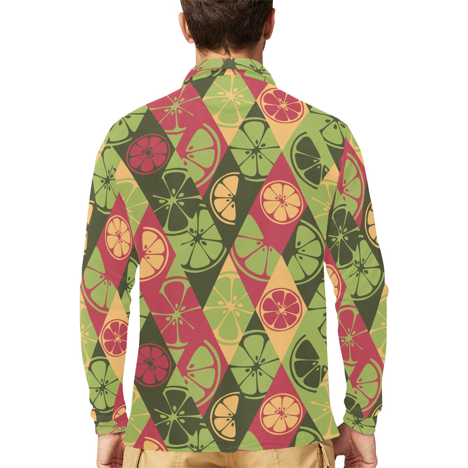 Cool Geometric lime pattern Men's Long Sleeve Polo Shirt