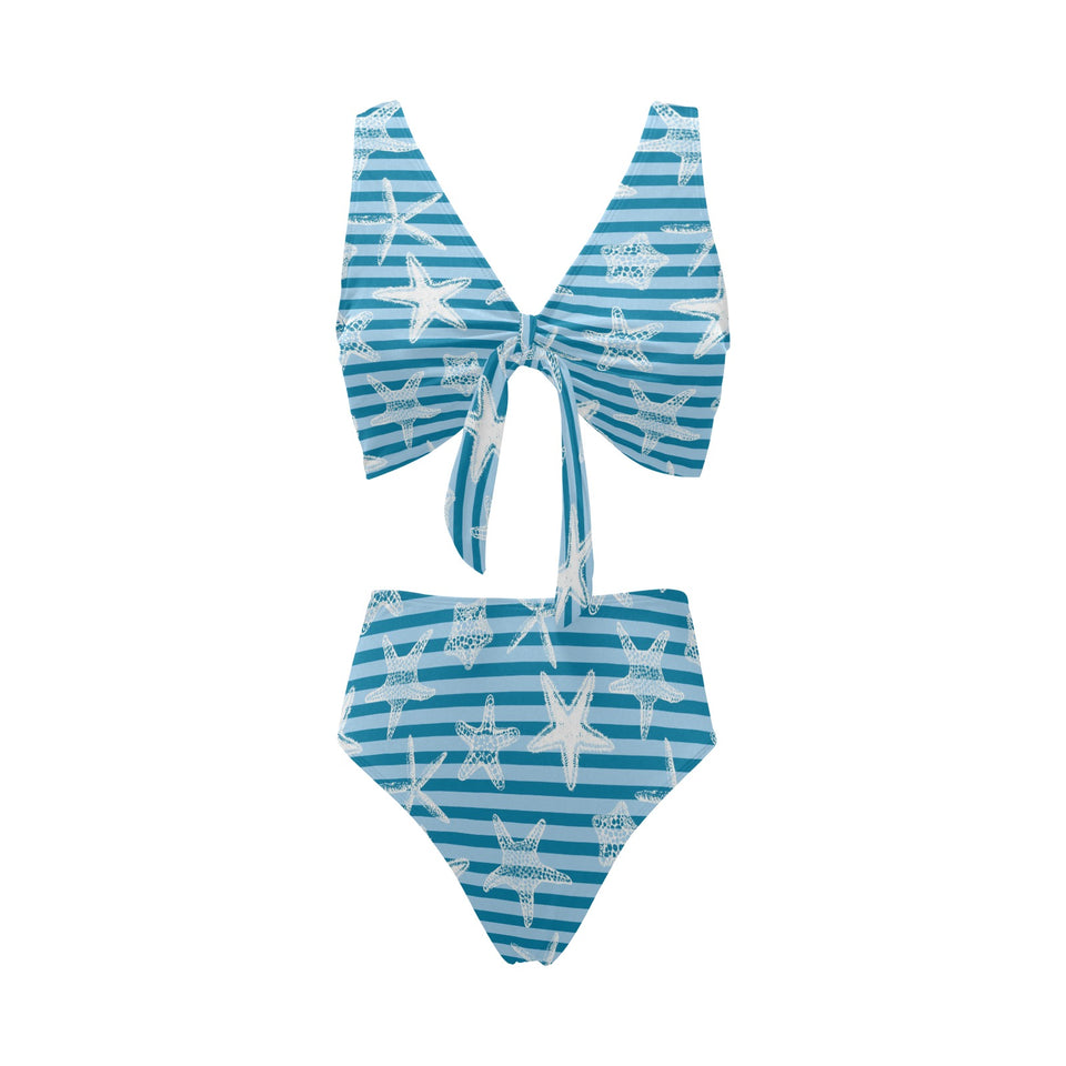Starfish blue blackground Chest Bowknot High Waisted Bikini Swimsuit