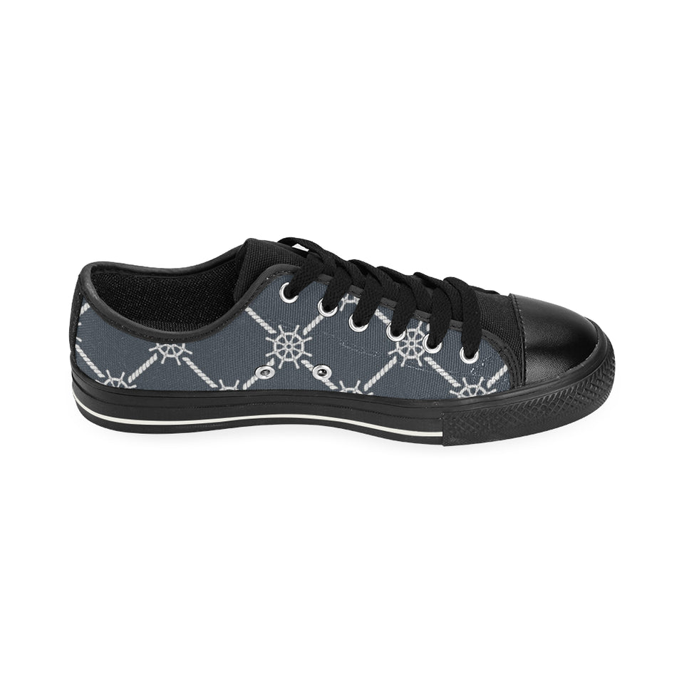 nautical steering wheel rope pattern Men's Low Top Canvas Shoes Black