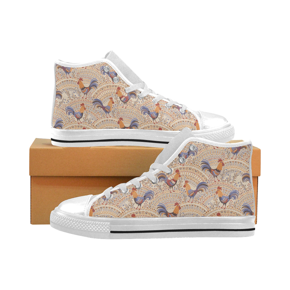 Cute rooster chicken cock floral ornament backgrou Men's High Top Canvas Shoes White