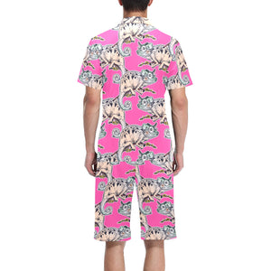 Chameleon lizard pattern pink background Men's V-Neck Short Pajama Set