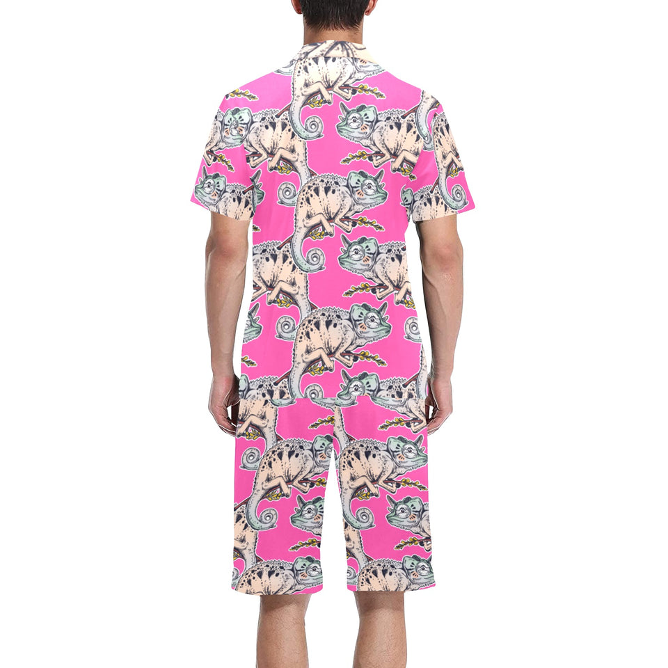 Chameleon lizard pattern pink background Men's V-Neck Short Pajama Set