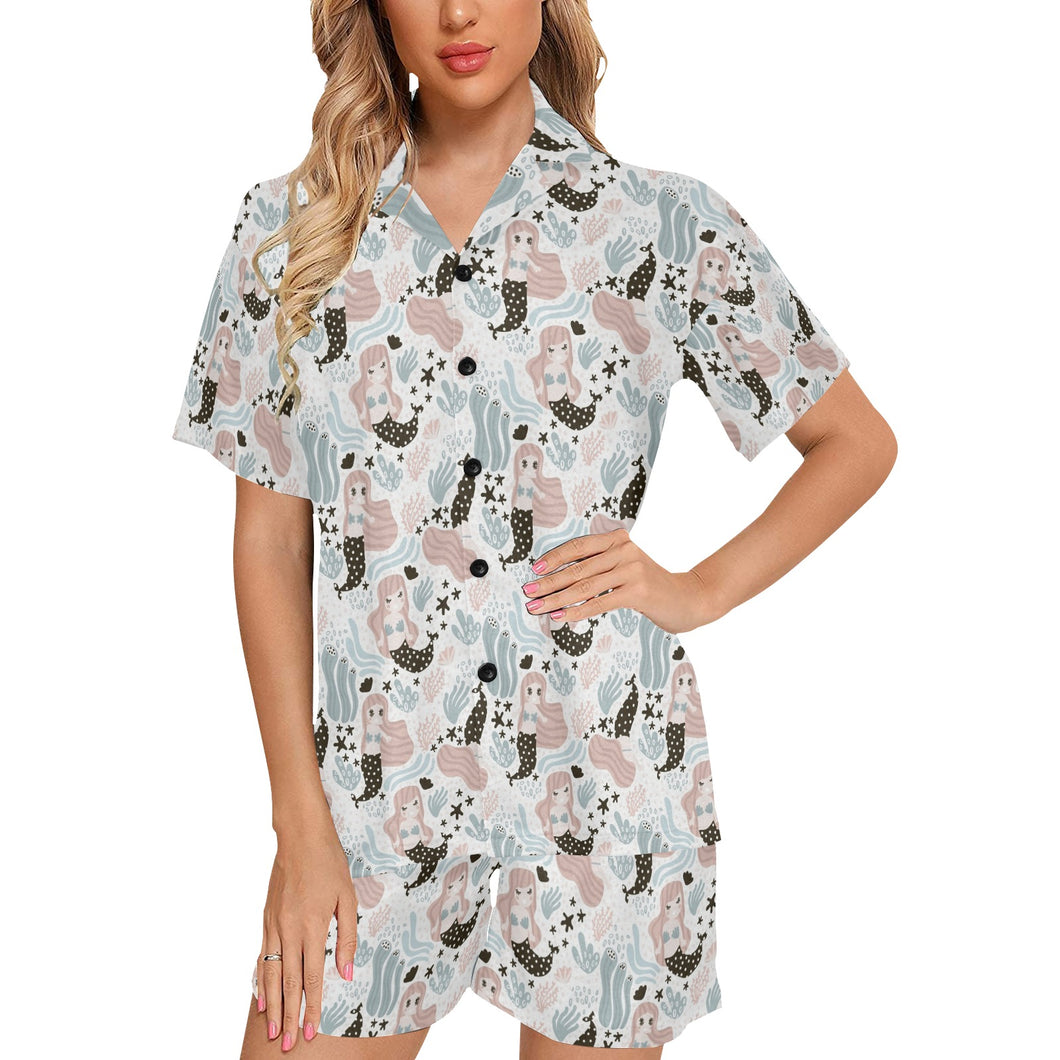 cute mermaid pattern Women's V-Neck Short Pajama Set