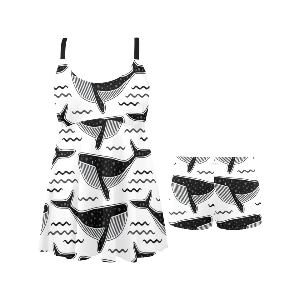 Black whale pattern Chest Sexy Pleated Two Piece Swim Dress