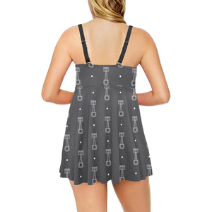 Engine Piston Black Background Pattern Design 02 Chest Sexy Pleated Two Piece Swim Dress