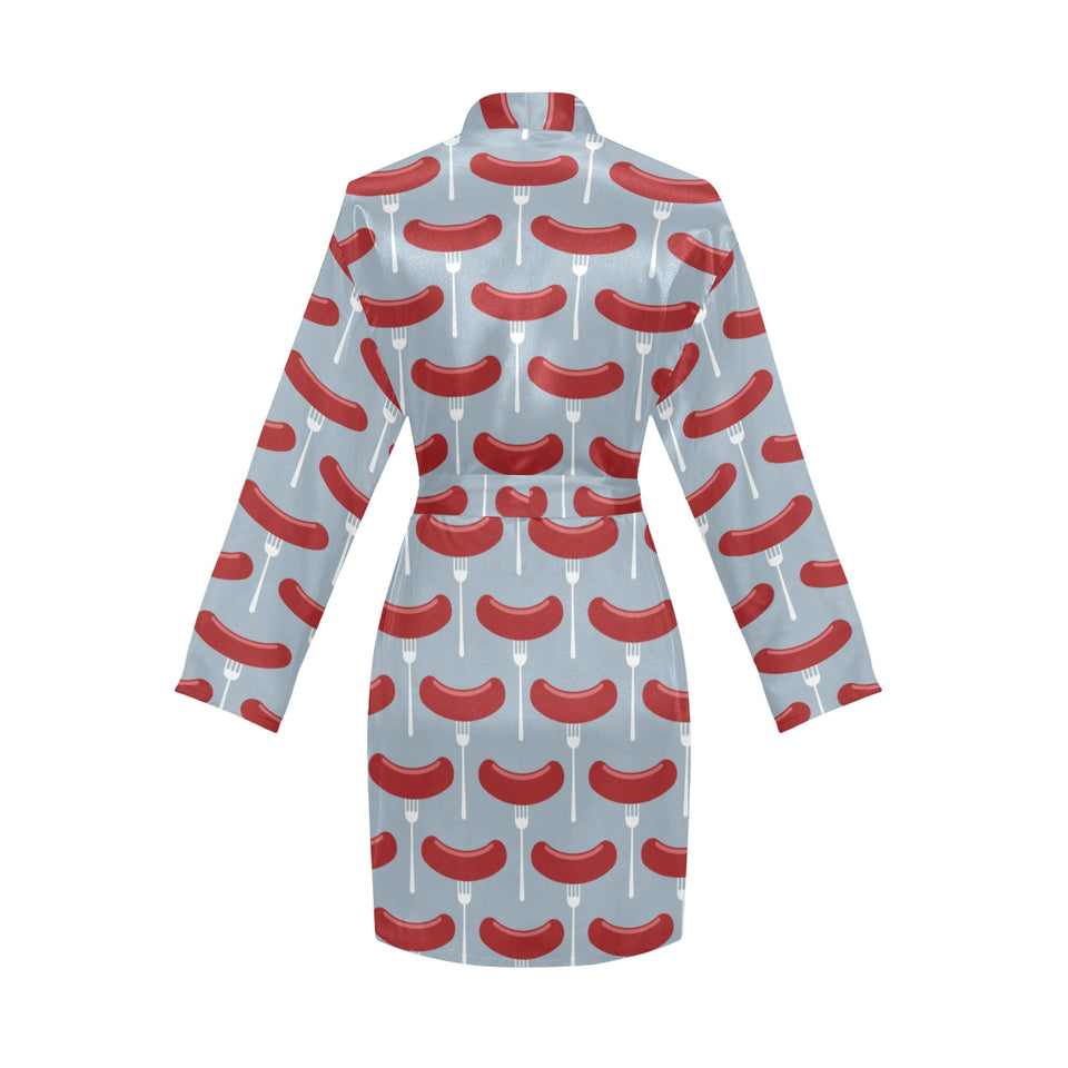 Sausage Pattern Print Design 02 Women's Long Sleeve Belted Night Robe