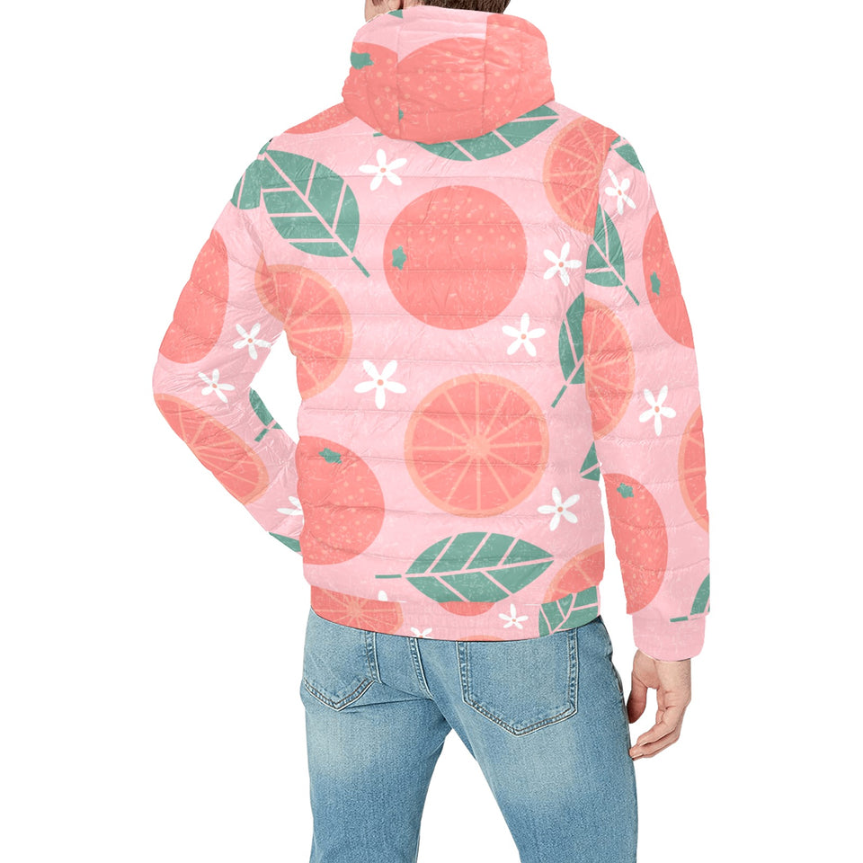Grapefruit leaves flower pink background Men's Padded Hooded Jacket