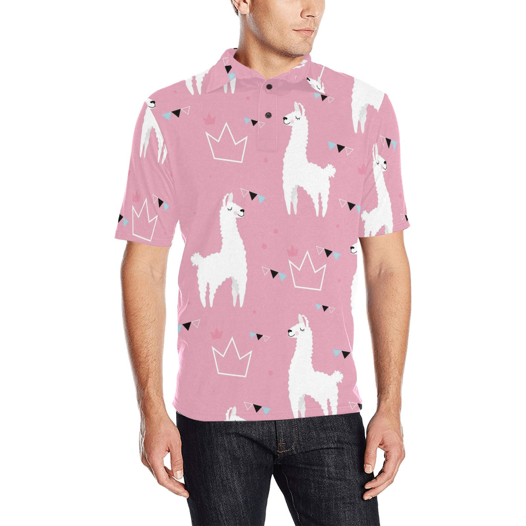 Llama Alpaca pink background Men's All Over Print Polo Shirt