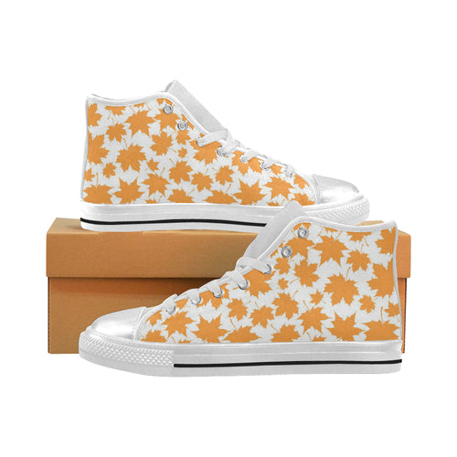 Orange Maple Leaf pattern Women's High Top Canvas Shoes White