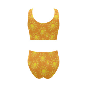 Sun orange background Chest Bowknot High Waisted Bikini Swimsuit