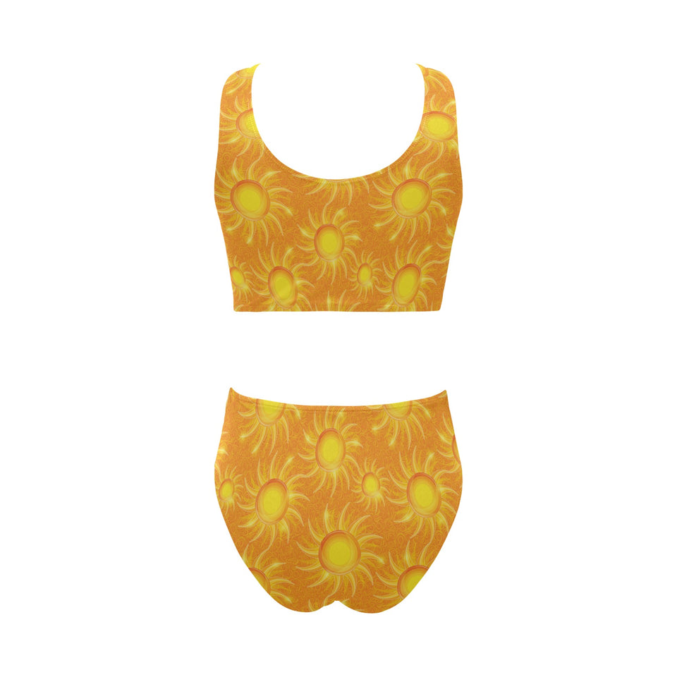 Sun orange background Chest Bowknot High Waisted Bikini Swimsuit